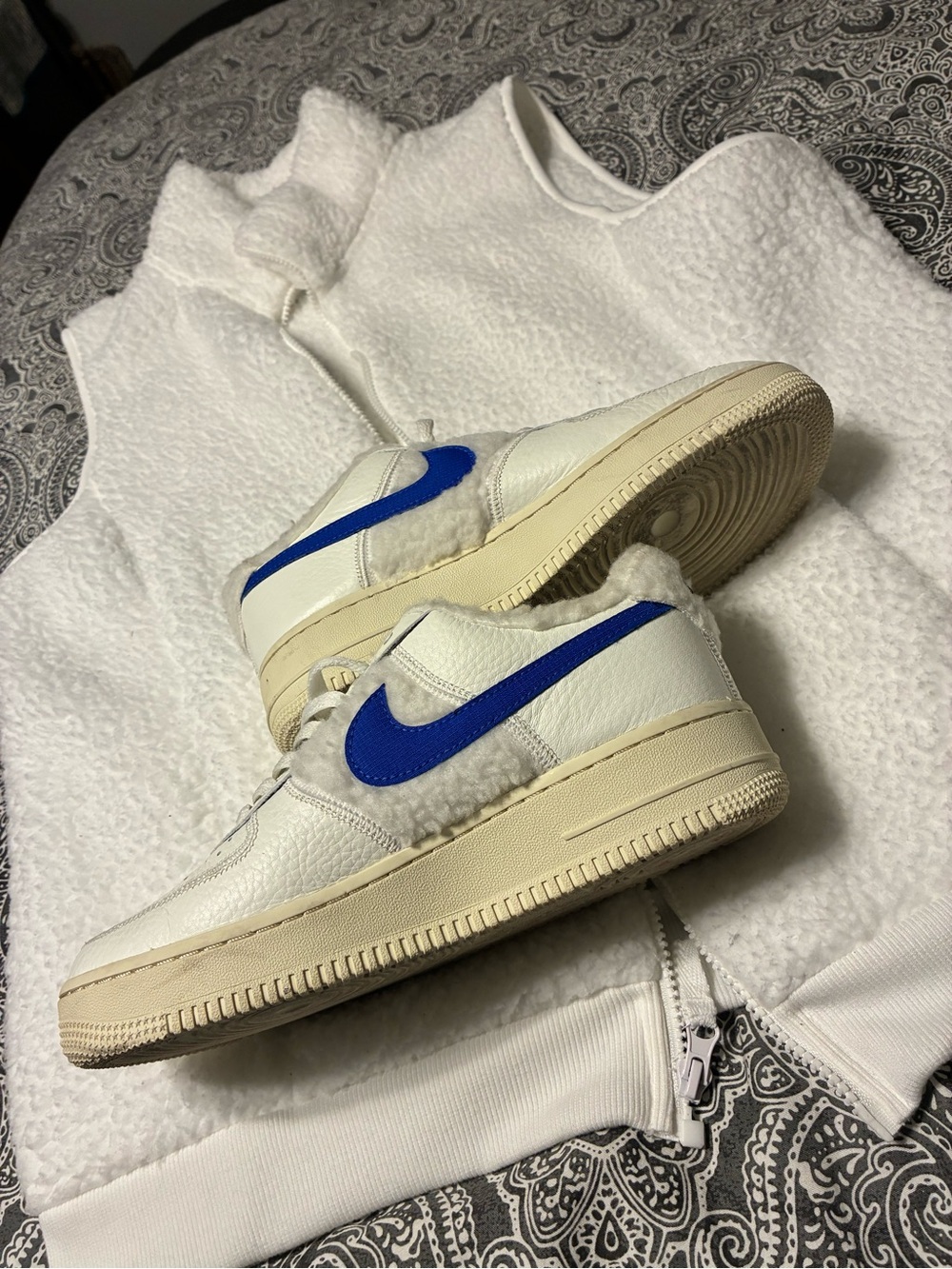 Nike White and Blue Athletic Shoes, matching white fleece vest sold separately
